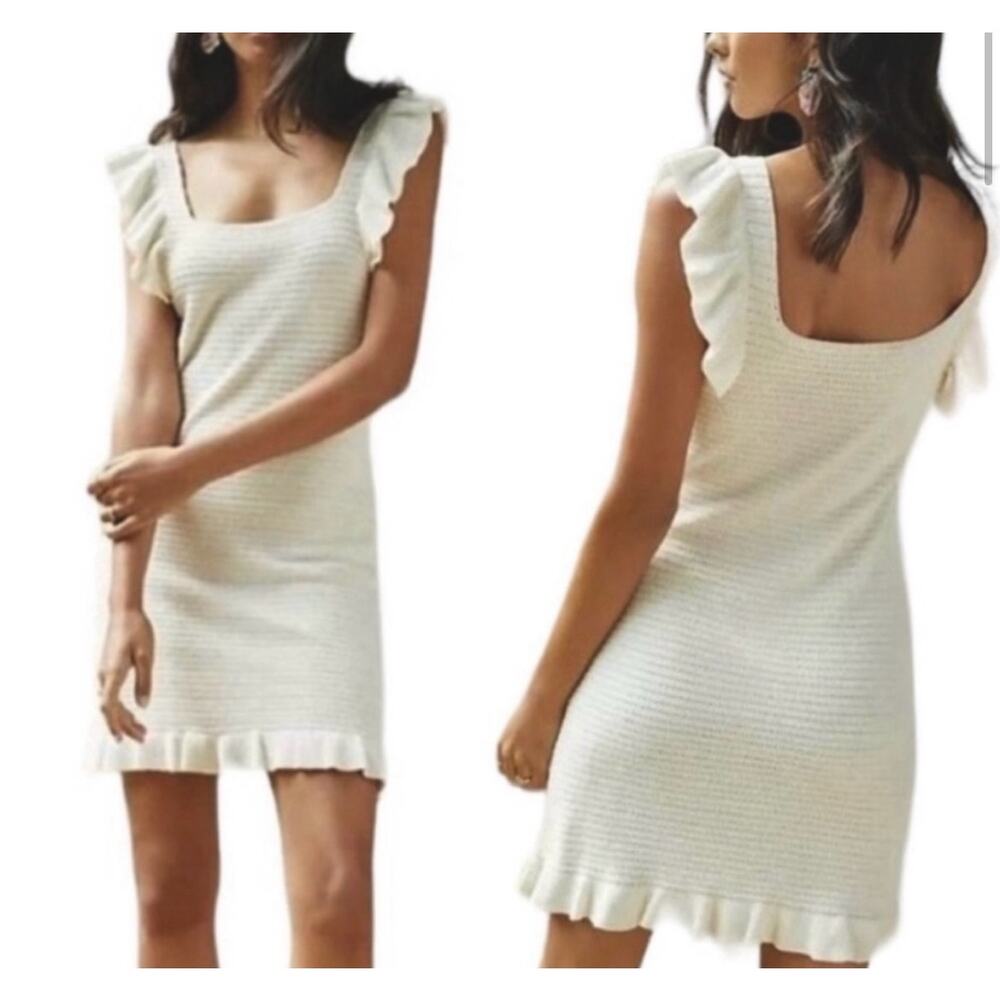 Anthropologie Amelia Minimalist Summer Knit Ruffled Cream Mini Dress Size L